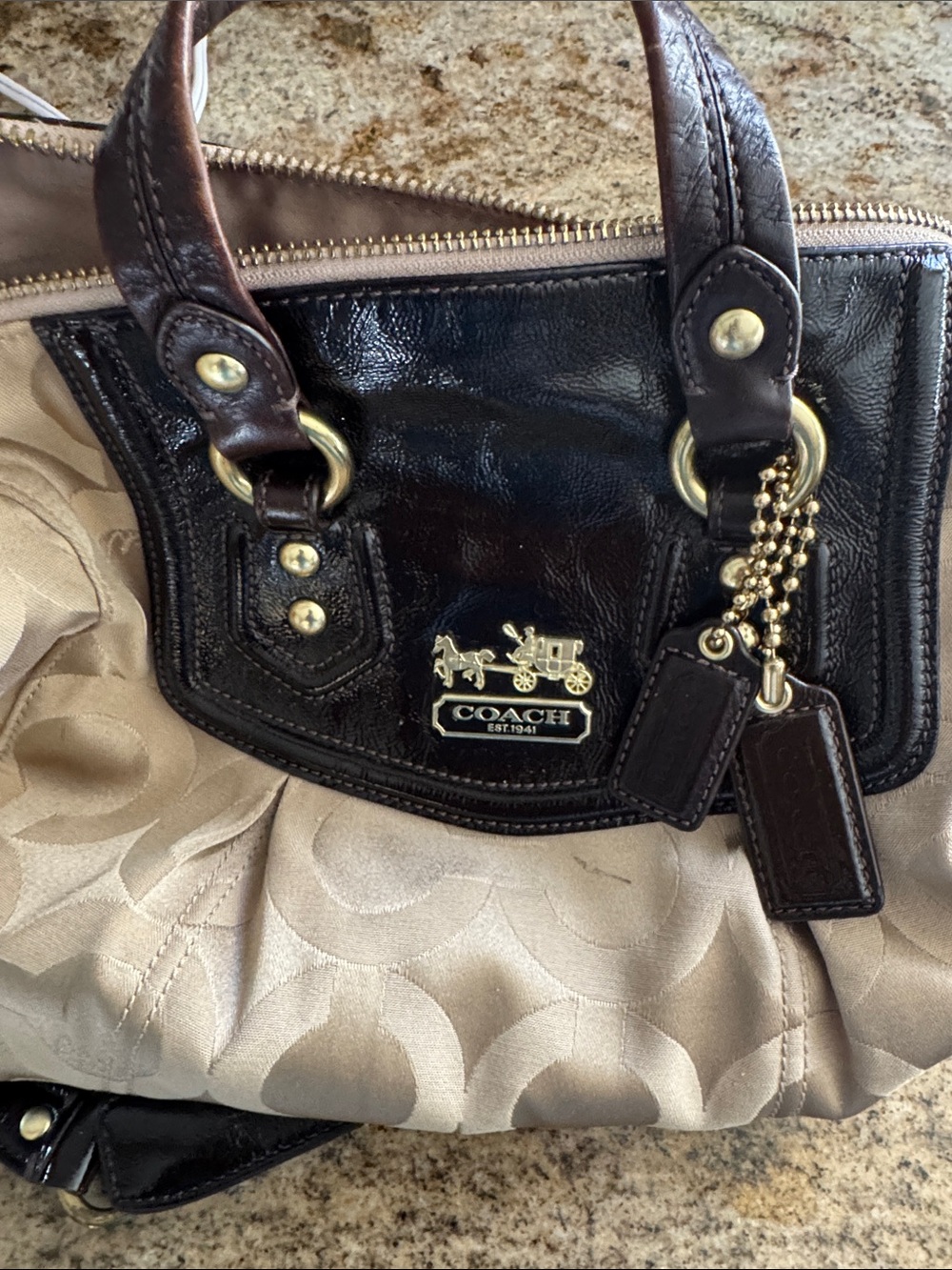 Coach Two-Tone Shoulder Bag in Brown and Cream with Gold Hardware